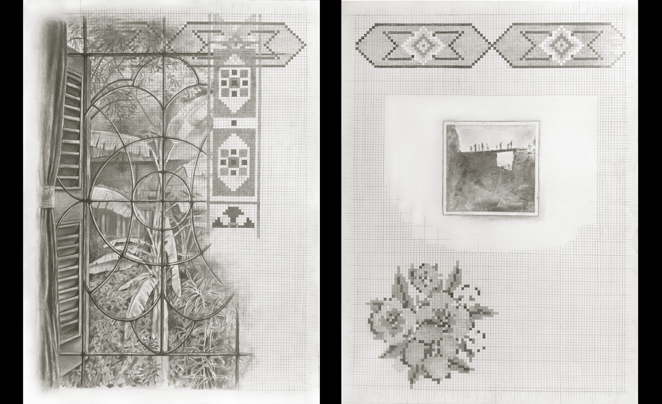 Two graphite drawings on grid paper, incorporating window forms and inherited linoleum motifs
